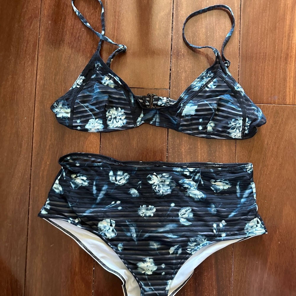 RVCA Juniors Swim Bikini Cheeky High Waist Misty Flora Blue